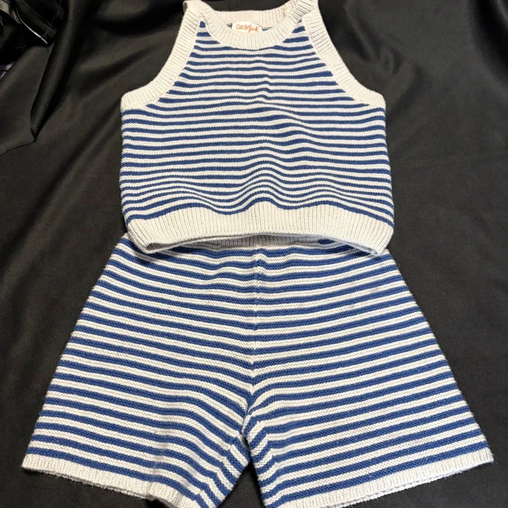 Cat & Jack Kids Blue White Striped Knit 2 Piece Tank Top and‎ Shorts Set 5T EUC